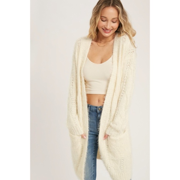 SOLD OUT Cream Fuzzy Soft Cable Cardigan Open Sweater - Picture 2 of 7